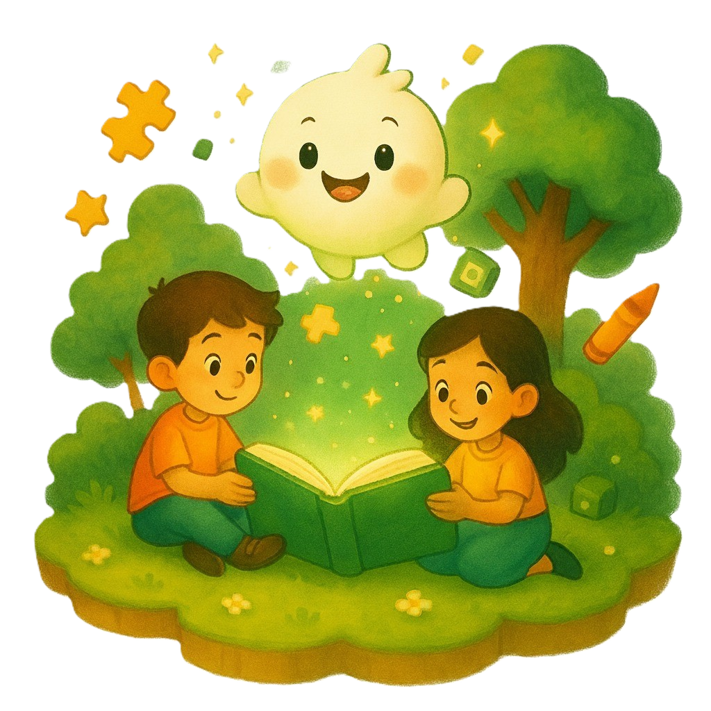 Colorful illustration depicting children joyfully engaging with interactive educational content, featuring whimsical characters and learning elements that represent the Matcha-i platform's approach to making learning fun and accessible