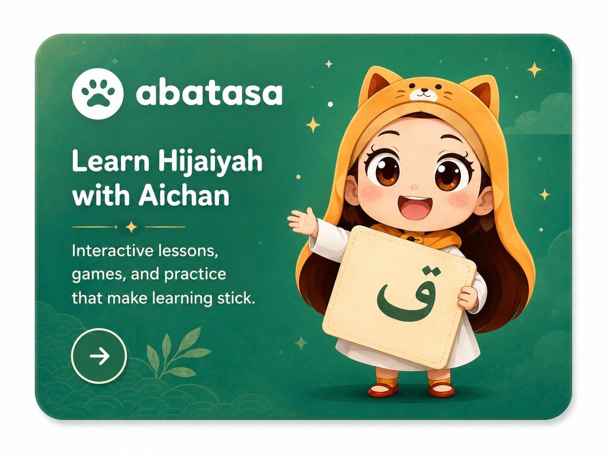 Abatasa product card showing Aichan holding a Hijaiyah letter card