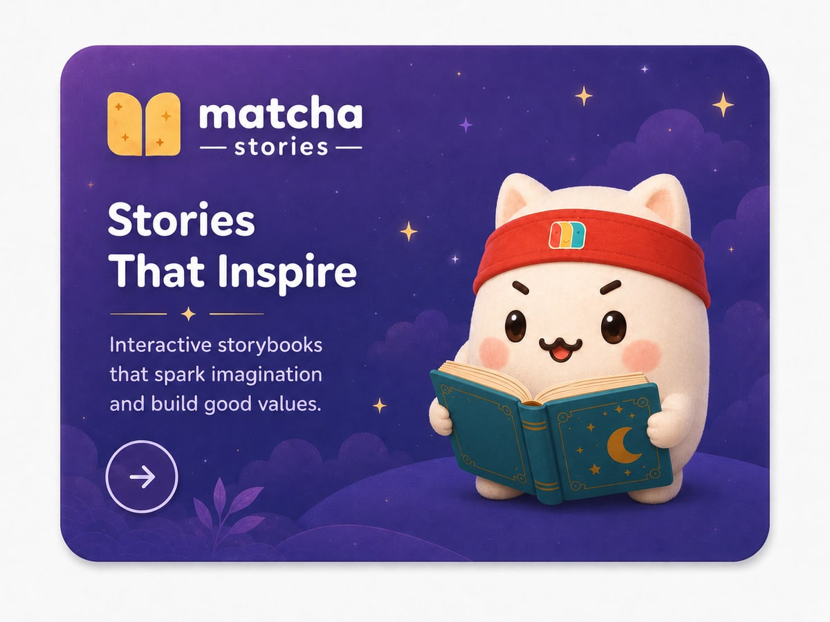 Matcha Stories product card with Mocchi in a warm illustrated reading world